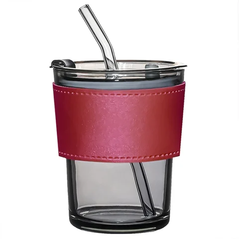 Стакан стеклянный с трубочкой и капхолдером Karamel, бордовый-S