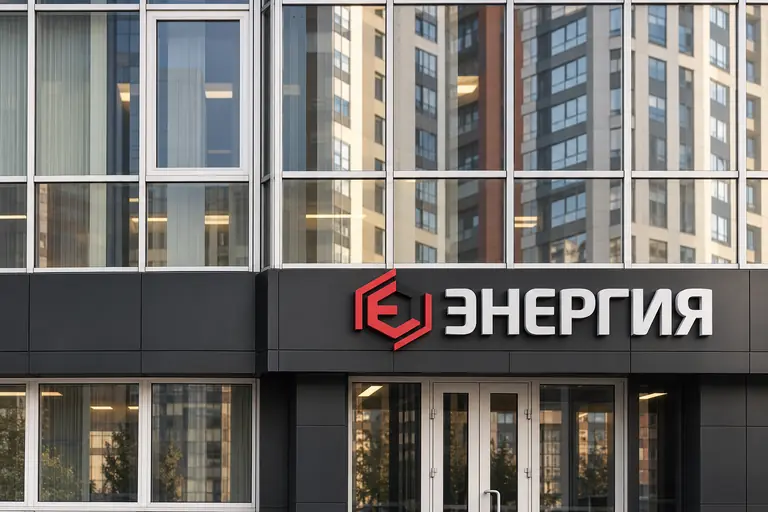 Вывеска «Энергия» над входом в офис и производство